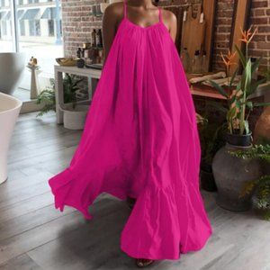 40# Ruffle Big Swing Dress Women Solid Strap Dress